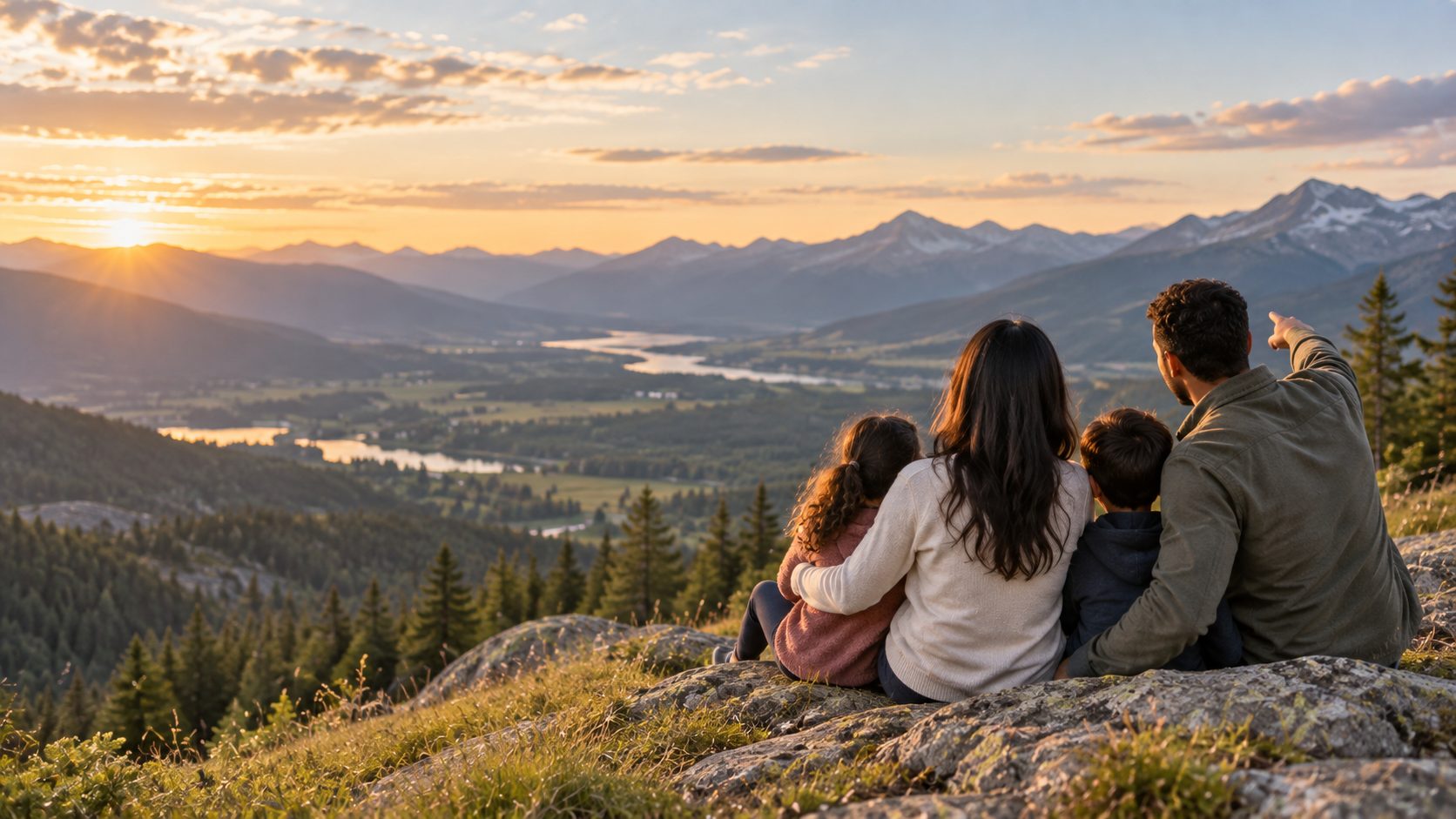Family seated together overlooking a mountain landscape at sunset